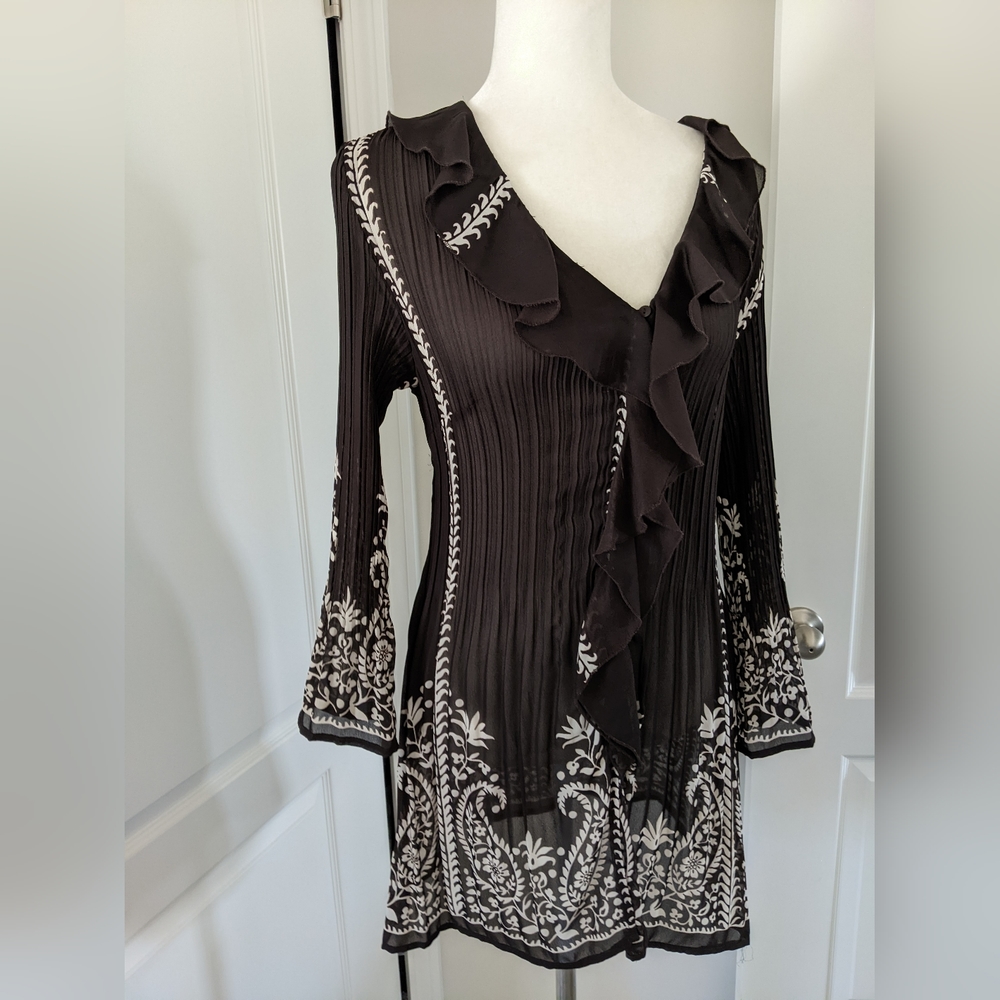 Sunny Leigh Pleated Dress - Size Large - Chocolate Brown/White Floral - Boho!!